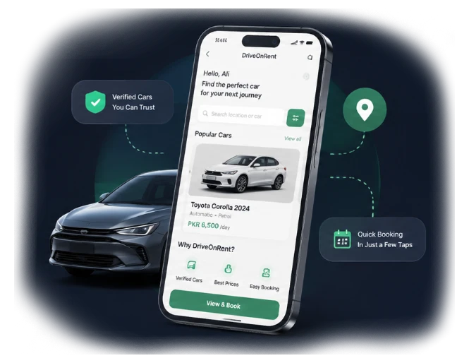 The DriveOnRent app, showing a vehicle listing on a phone